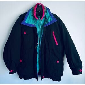 Vintage 90s Neon Colorblock Ski Jacket Oversized L Retro Snowboard Coat